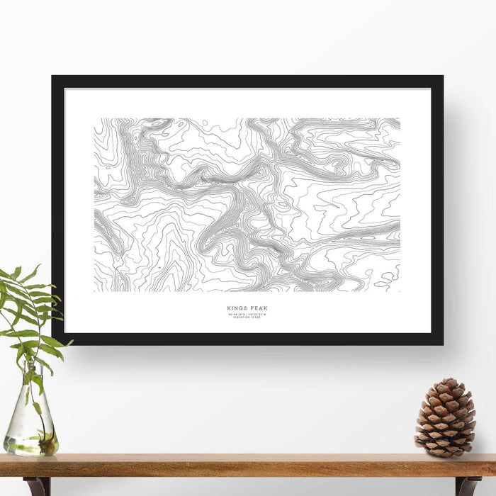 Framed black and white print of Kings Peak, Utah with topography art.