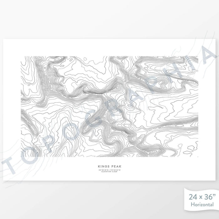 Horizontal Kings Peak, Utah poster with topography.