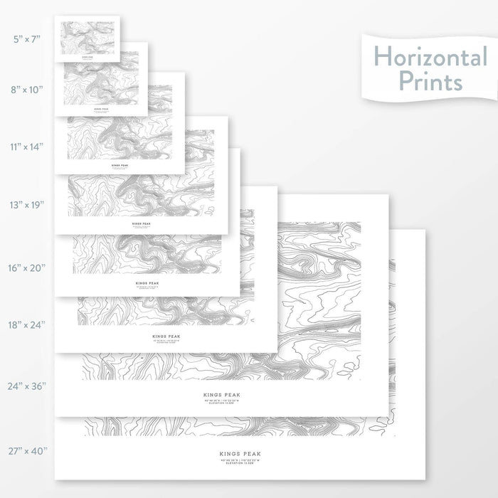 Decorative maps in many sizes of Kings Peak, Utah topography: 5x7, 8x10, 11x14, 16x20, 18x24, 24x36, and 27x40.