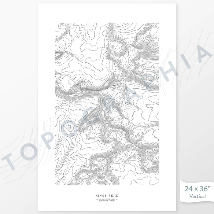 Vertical orientation Kings Peak, Utah poster with topographic map design.