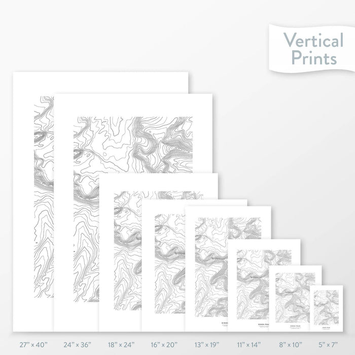 All sizes of Kings Peak, Utah topography vertical prints.