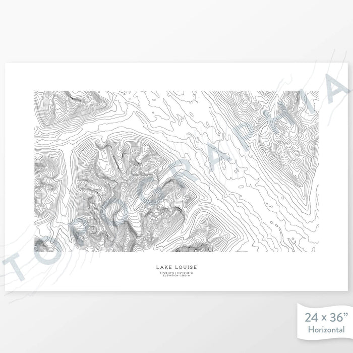 Lake art print of Lake Louise, Banff, Alberta, Canada with a topographic map. Black contour lines on a white background.