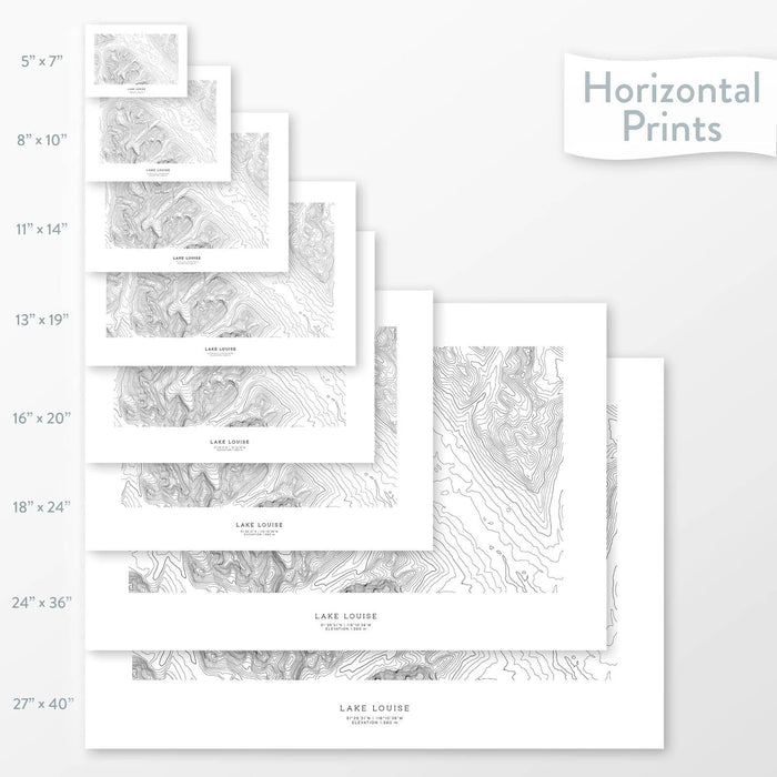 Decorative maps in many sizes of Lake Louise, Banff, Alberta, Canada topography: 5x7, 8x10, 11x14, 16x20, 18x24, 24x36, and 27x40.