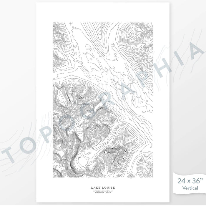 Vertical orientation Lake Louise, Banff, Alberta, Canada poster with topographic map design.