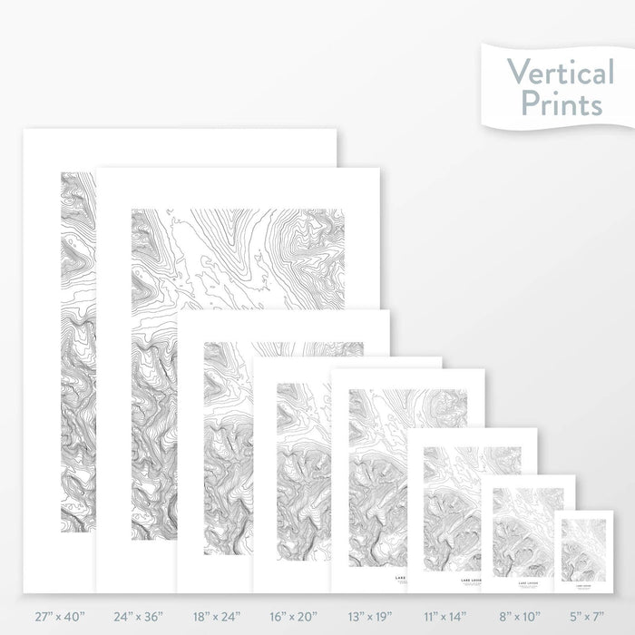 All sizes of Lake Louise, Banff, Alberta, Canada topography vertical prints.
