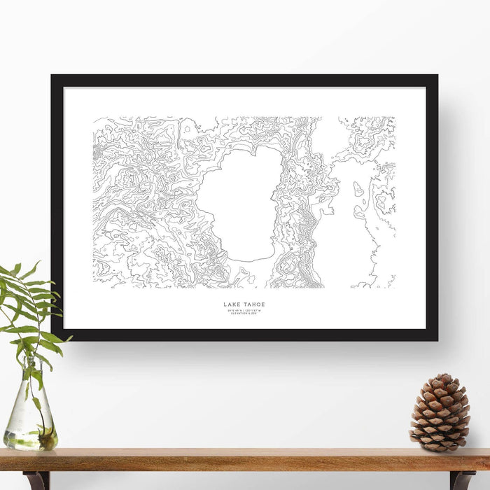 Framed black and white print of Lake Tahoe, California with topography art.