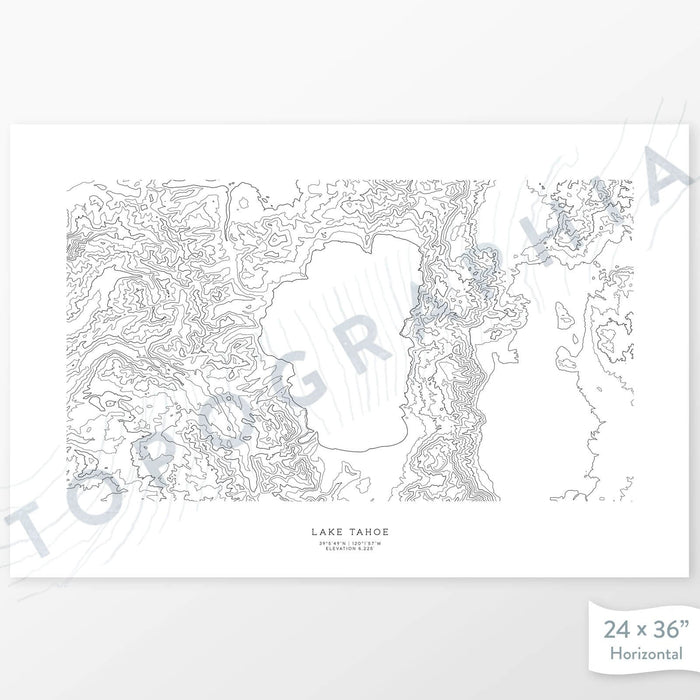 Horizontal Lake Tahoe, California poster with topography.