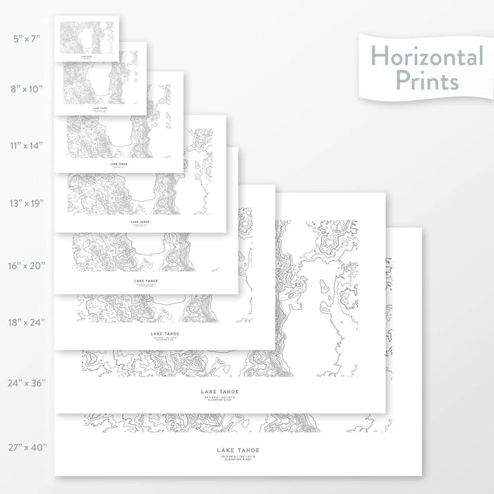 All sizes of horizontal prints for Lake Tahoe, California poster with topographic map.