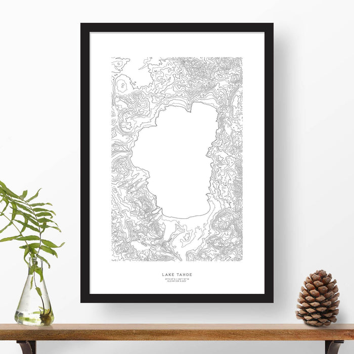 Topographic map of Lake Tahoe with a black frame.