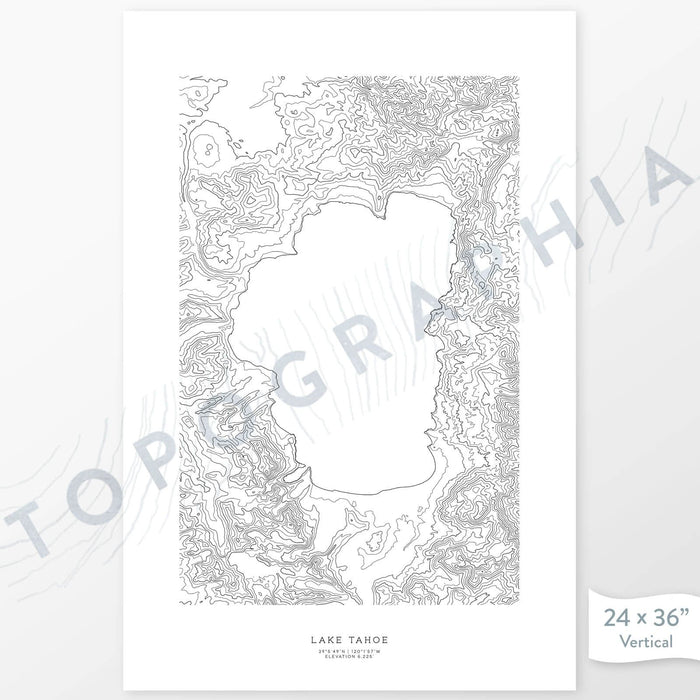 Lake Tahoe, California poster with black and white contour lines to represent topography