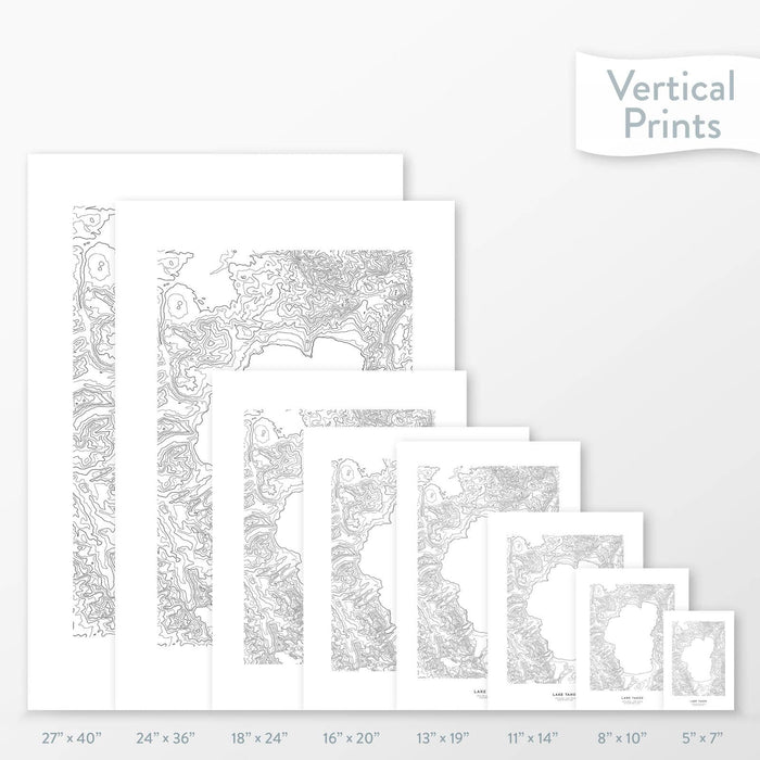 All sizes of Lake Tahoe, California topography vertical prints.