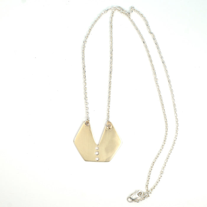 Pierced Brass Hexagon Necklace - Sterling Silver Chain