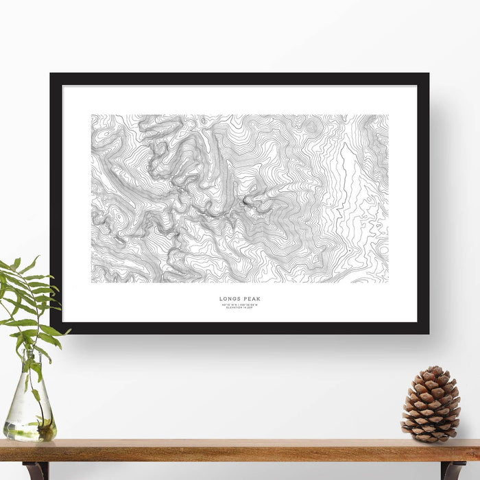 Framed black and white print of Longs Peak, Colorado with topography art.