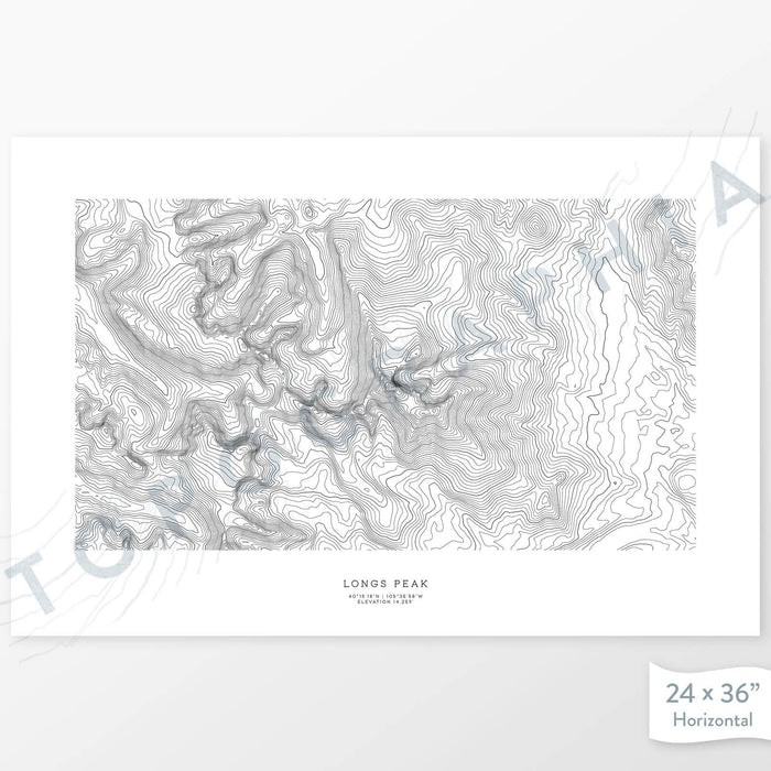 Example topographic map print of Longs Peak, Colorado. Art uses horizontal orientation. Print shows landscape of the area using contour lines. On the artwork is a title and concise info of location and elevation.