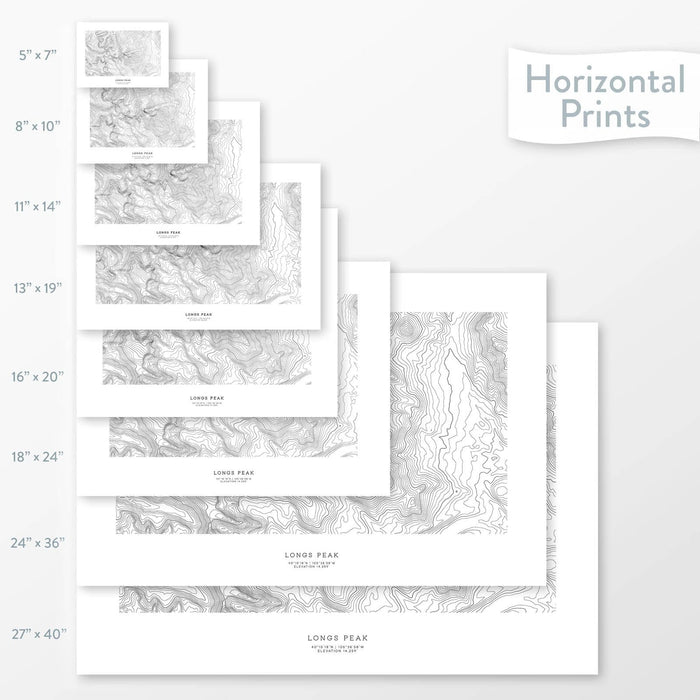 Topographic maps of Longs Peak, Colorado in multiple sizes, available as posters, framed print, and canvas or framed canvas.