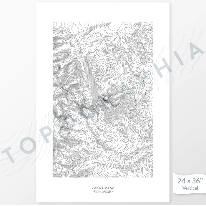 Example art map print of Longs Peak, Colorado. Art uses verticle orientation. Print shows landscape of the area using elevation data. On the artwork is a title and concise info of location and elevation. Custom map decor