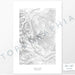 Example art map print of Longs Peak, Colorado. Art uses verticle orientation. Print shows landscape of the area using elevation data. On the artwork is a title and concise info of location and elevation. Custom map decor