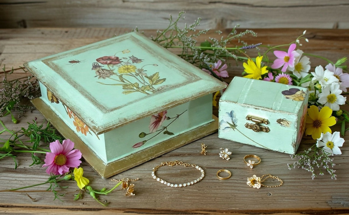 Mint Green Floral Vintage Musical Jewelry Box with Gold Trim +
