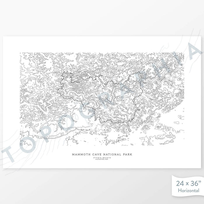 Example topographic map print of Mammoth Cave National Park. Art uses horizontal orientation. Print shows landscape of the area using contour lines. On the artwork is a title and concise info of location and elevation.