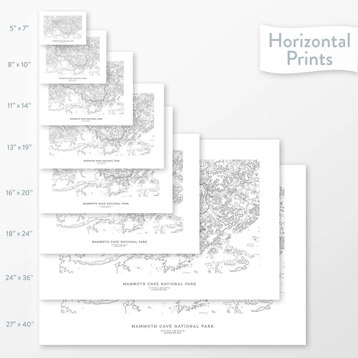 National park art of Mammoth Cave. Map wall decor is available in multiple sizes: 5x7, 8x10, 11x14, 16x20, 18x24, 24x36, and 27x40.