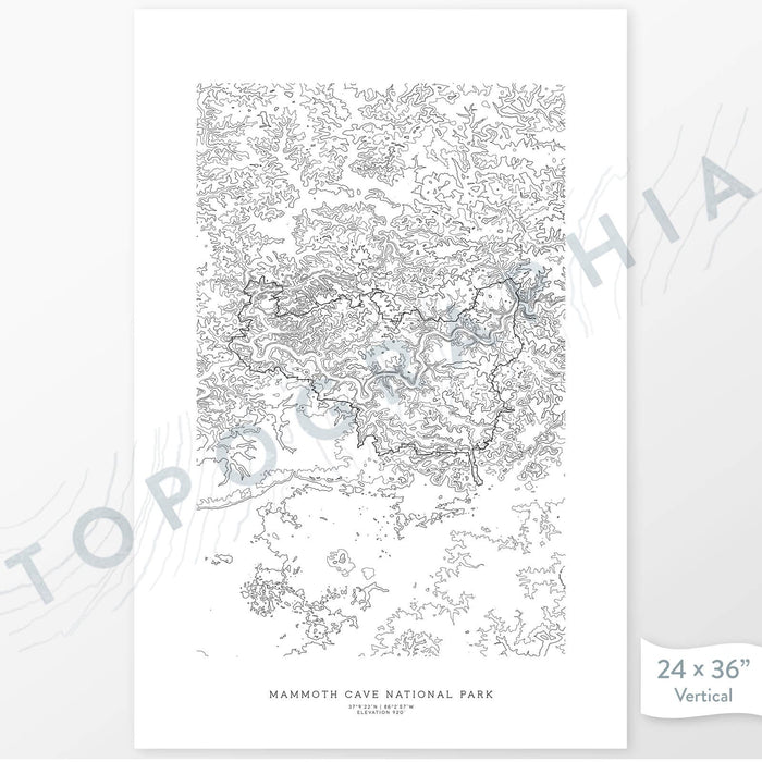 Example art map print of Mammoth Cave National Park. Art uses verticle orientation. Print shows landscape of the area using elevation data. On the artwork is a title and concise info of location and elevation. Custom map decor