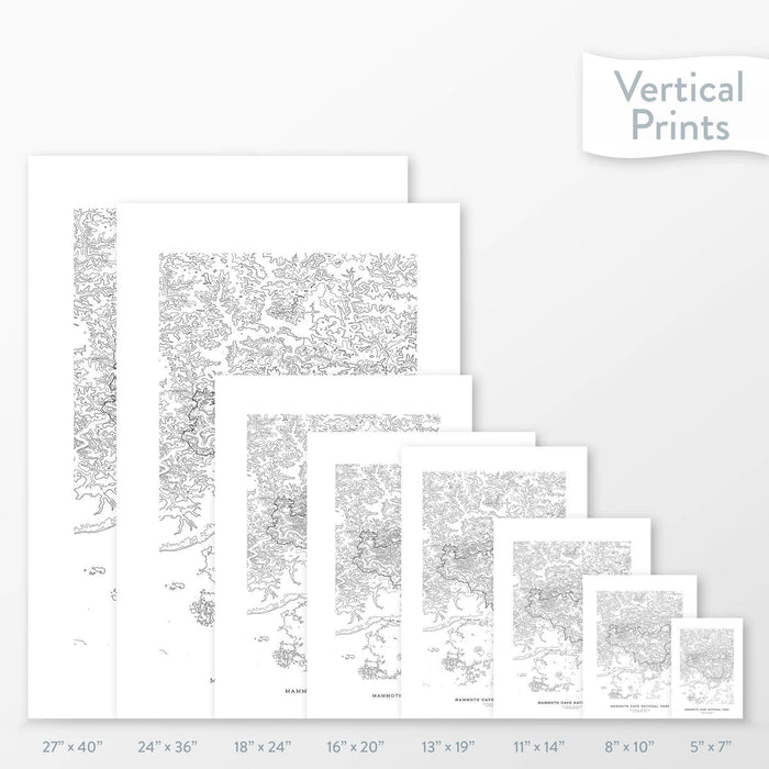 Side-by-side comparison of 8 dimension options for adventure travel art. Prints are decorative topographic maps of Mammoth Cave National Park.