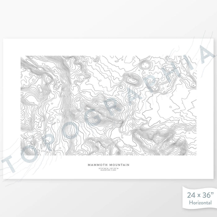 Map wall decor of Mammoth Mountain, California with modern map art in black and white.