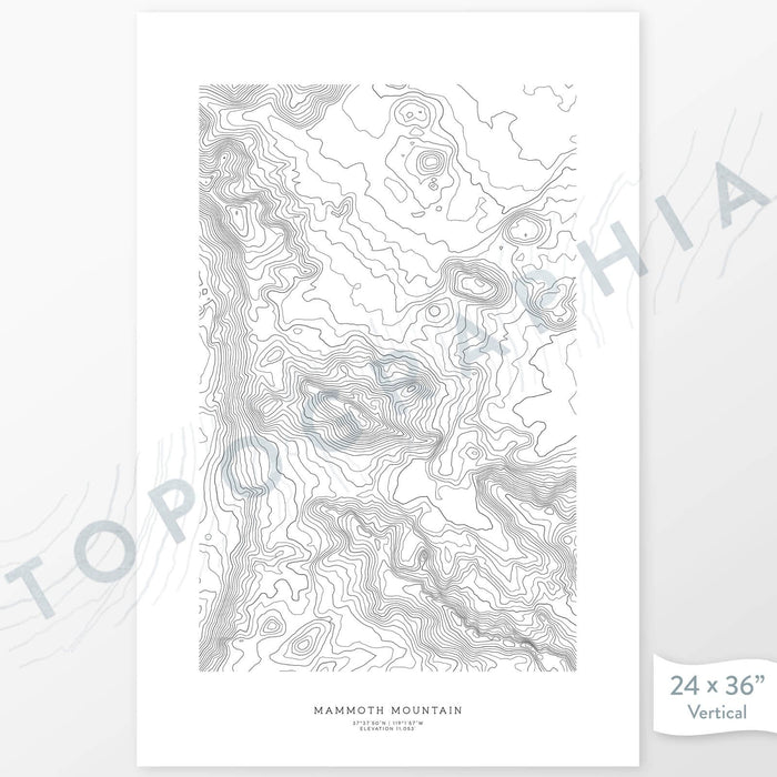 Example art map print of Mammoth Mountain Ski Resort, California. Art uses verticle orientation. Print shows landscape of the area using elevation data. On the artwork is a title and concise info of location and elevation. Custom map decor