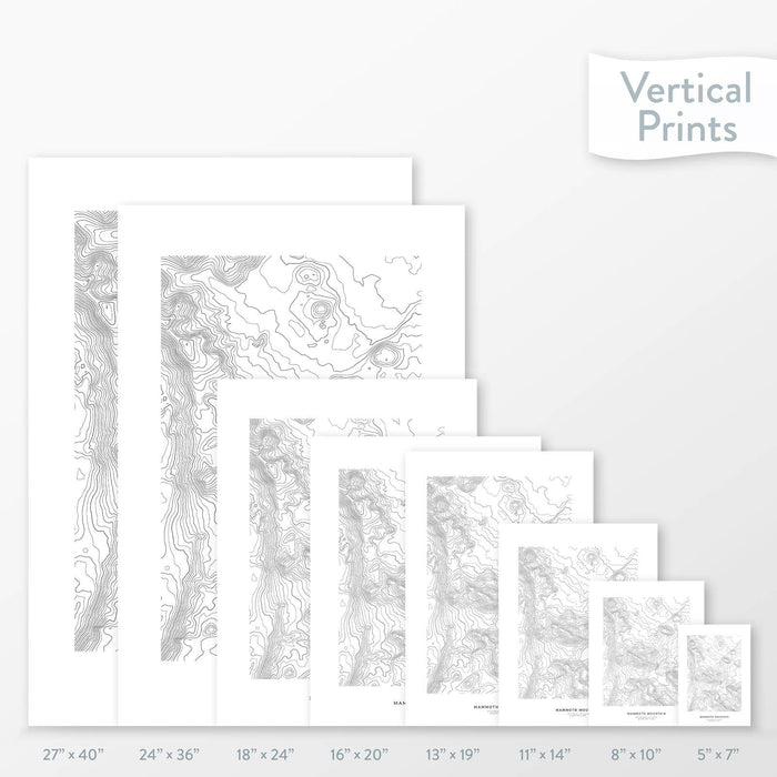 Topographic map art of Mammoth Mountain Ski Area available to buy as posters, framed posters, and wrapped canvas wall art. Sized at 5x7, 8x10, 11x14, 16x20, 18x24, 24x36, and 27x40 inches.