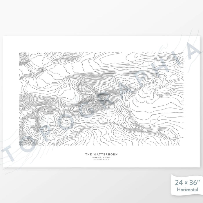 Mountain art print of the Matterhorn in Switzerland with a topographic map. Black contour lines on a white background.