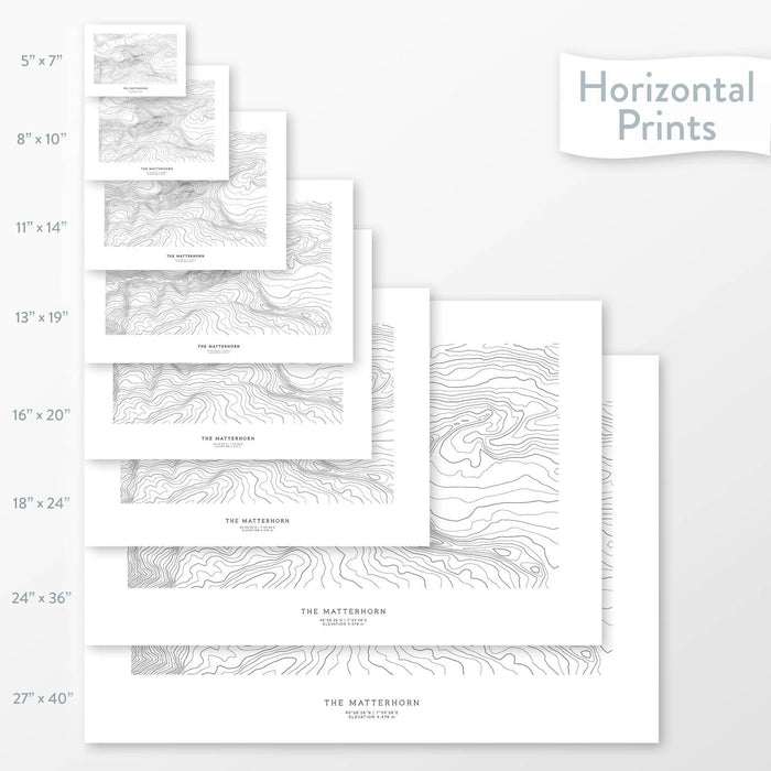 Decorative maps in many sizes of Matterhorn, Switzerland topography: 5x7, 8x10, 11x14, 16x20, 18x24, 24x36, and 27x40.