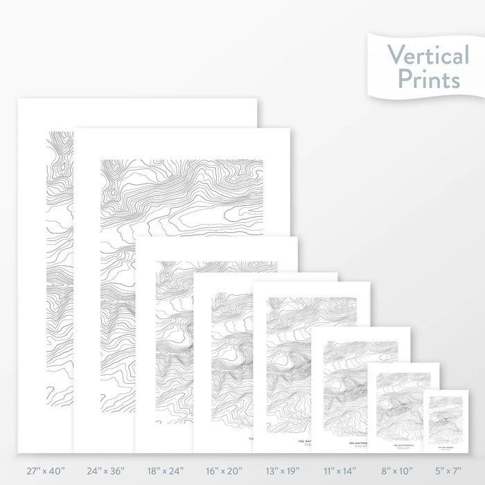 All sizes of Matterhorn, Switzerland topography vertical prints.