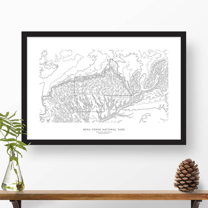 Framed black and white print of Mesa Verde National Park with topography art.