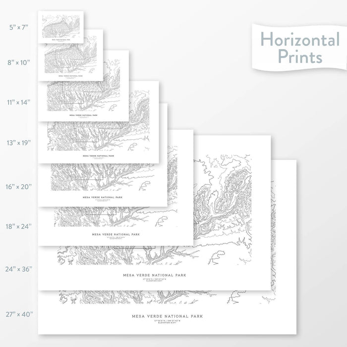 All sizes of horizontal prints for Mesa Verde National Park poster with topographic map.
