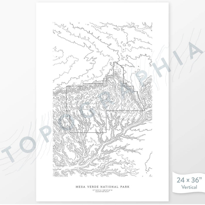 Mesa Verde National Park poster with black and white contour lines to represent topography