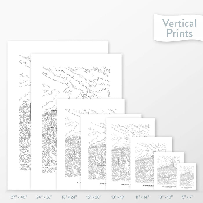 All sizes of Mesa Verde National Park topography vertical prints.