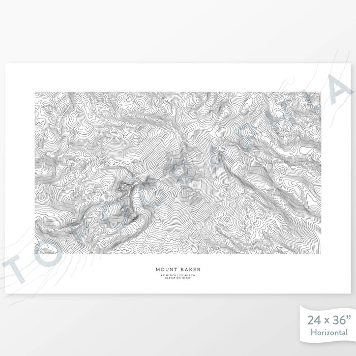 Mountain wall decor of Mount Baker, Washington with modern map art in black and white.