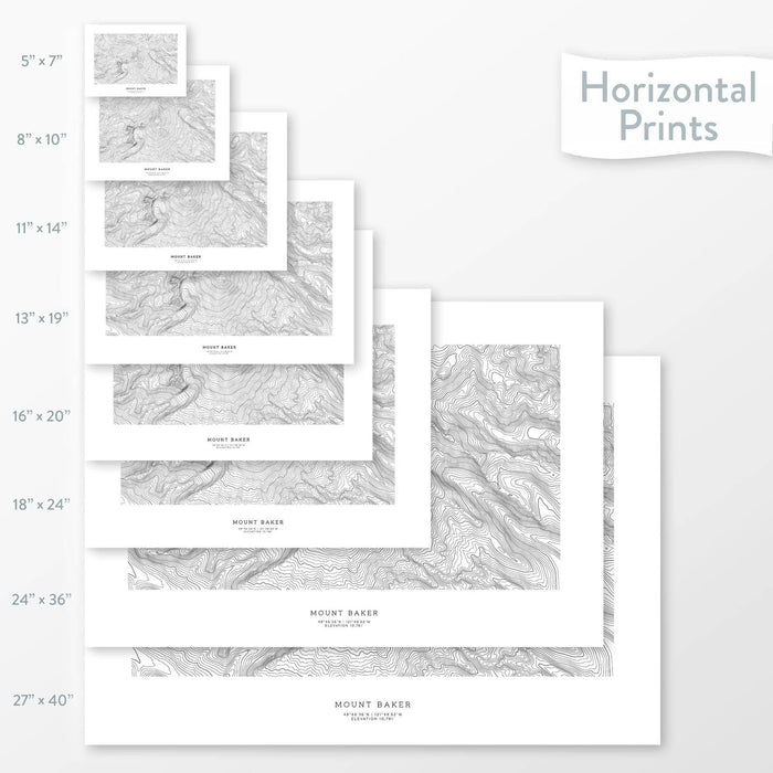 Available sizes for Mount Baker, Washington topographic maps. 5x7, 8x10, 11x14, 16x20, 18x24, 24x36, and 27x40 posters shown. as black and white prints on a gray background.