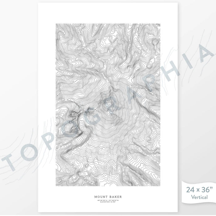 Mountain Art print of Mount Baker, Washington with topography art.