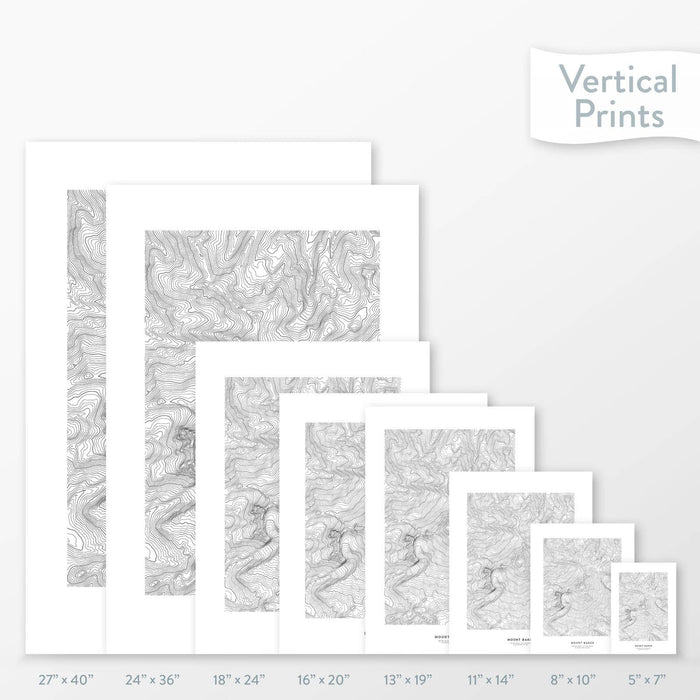 Available sizes for Mount Baker, Washington Park topographic maps. 5x7, 8x10, 11x14, 16x20, 18x24, 24x36, and 27x40 posters shown. as black and white prints on a gray background.