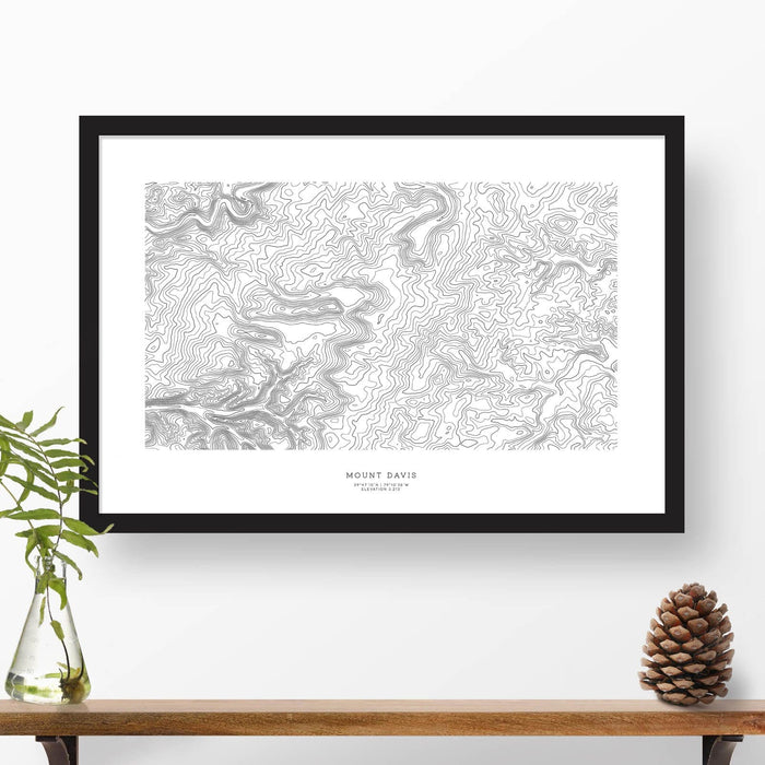 Framed black and white print of Mount Davis, Pennsylvania with topography art.
