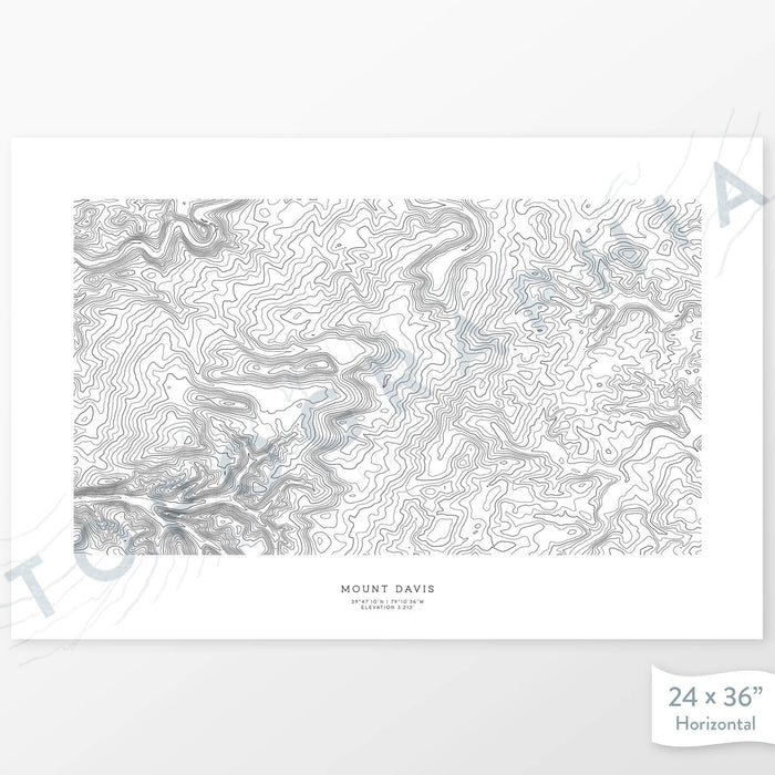 Example topographic map print of Mount Davis, Pennsylvania. Art uses horizontal orientation. Print shows landscape of the area using contour lines. On the artwork is a title and concise info of location and elevation.