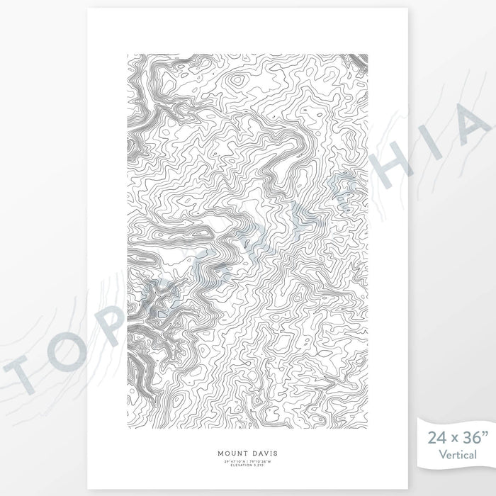 Example art map print of Mount Davis, Pennsylvania. Art uses verticle orientation. Print shows landscape of the area using elevation data. On the artwork is a title and concise info of location and elevation. Custom map decor.
