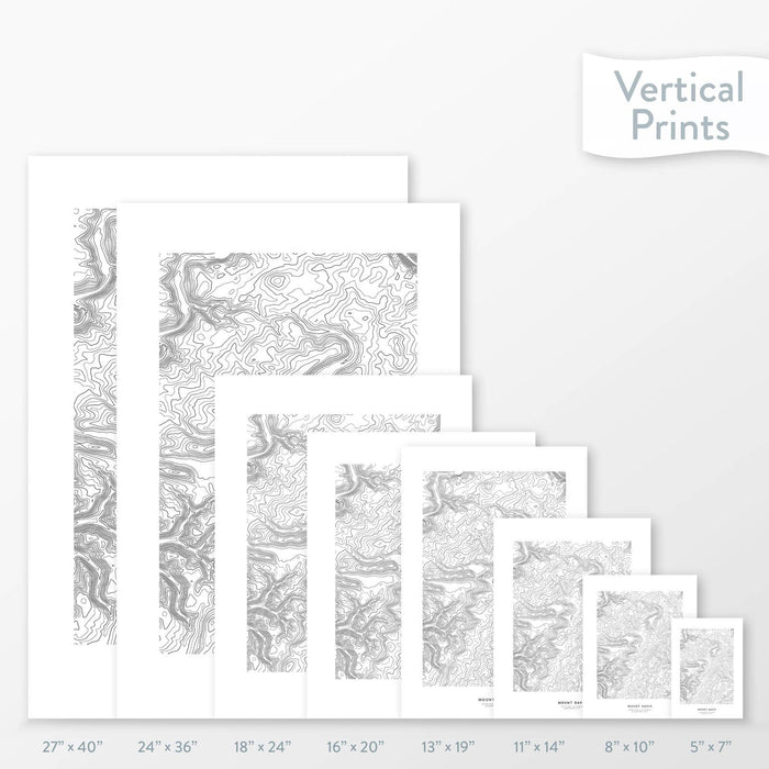 Available sizes for Mount Davis, Pennsylvania topographic maps. 5x7, 8x10, 11x14, 16x20, 18x24, 24x36, and 27x40 posters shown. as black and white prints on a gray background.