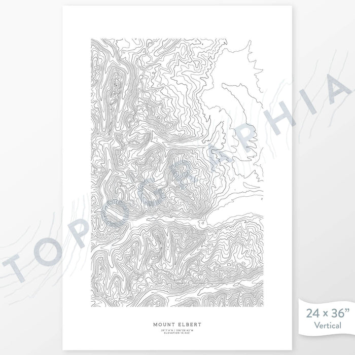 Mount Elbert, Colorado poster with topograpy contour lines in black on a white background. Customizable text makes it a great map art gift idea.