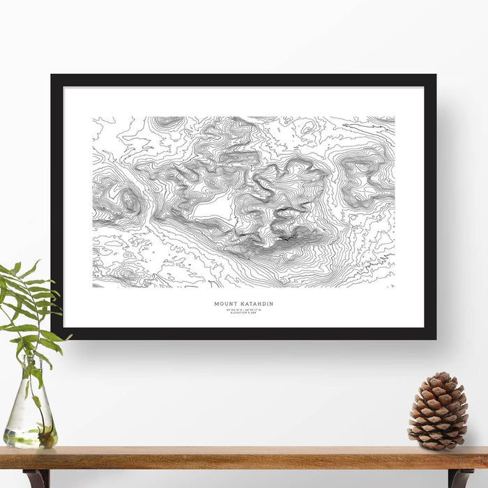 Framed black and white print of Mount Katahdin, Maine with topography art.