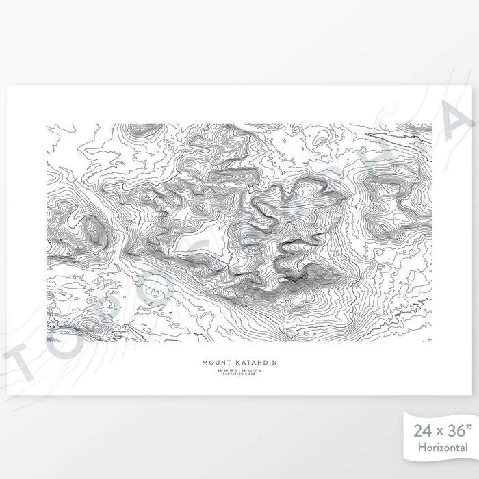 Example topographic map print of Mount Katahdin, Maine. Art uses horizontal orientation. Print shows landscape of the area using contour lines. On the artwork is a title and concise info of location and elevation.