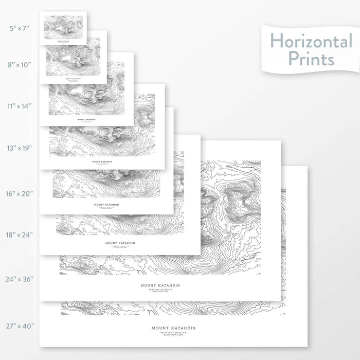 Topographic maps of Mount Katahdin, Maine in multiple sizes, available as posters, framed print, and canvas or framed canvas.