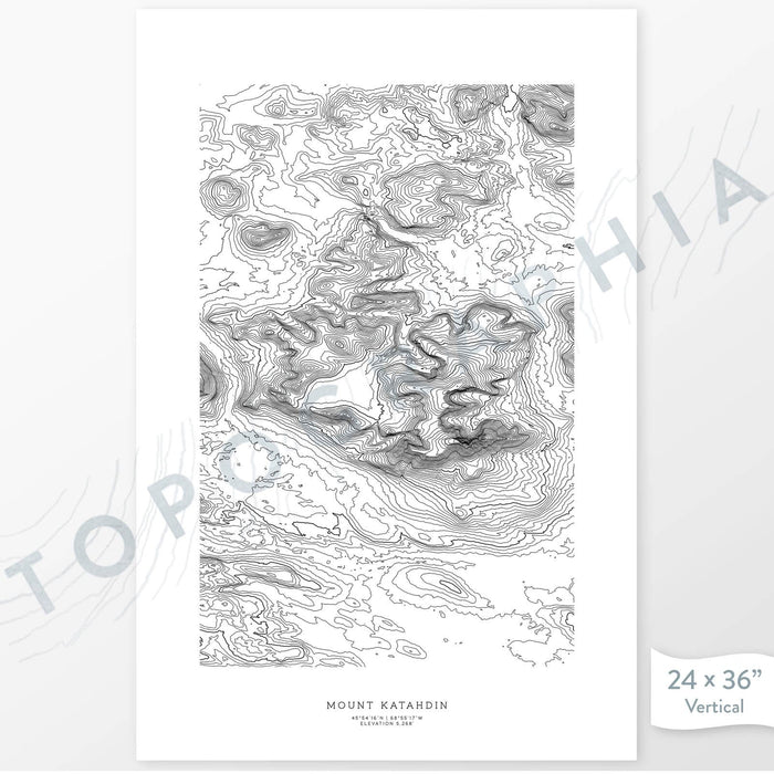 Example art map print of Mount Katahdin, Maine. Art uses verticle orientation. Print shows landscape of the area using elevation data. On the artwork is a title and concise info of location and elevation. Custom map decor