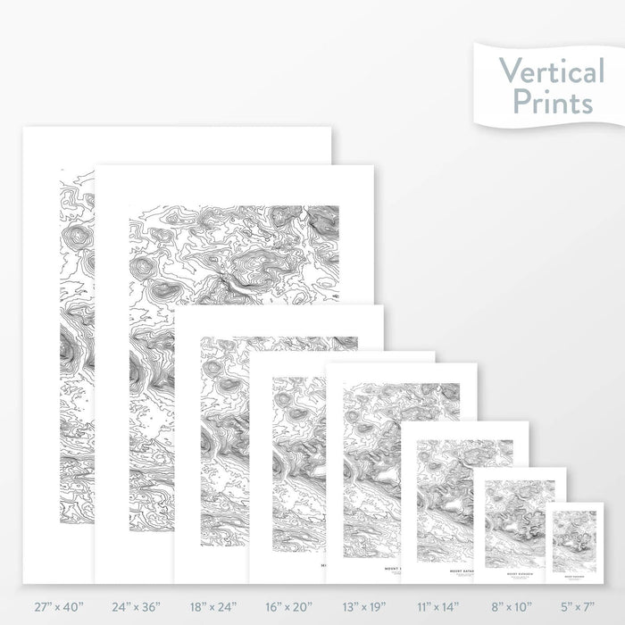 Topographic map art of Mount Katahdin, Main available to buy as posters, framed posters, and wrapped canvas wall art. Sized at 5x7, 8x10, 11x14, 16x20, 18x24, 24x36, and 27x40 inches.